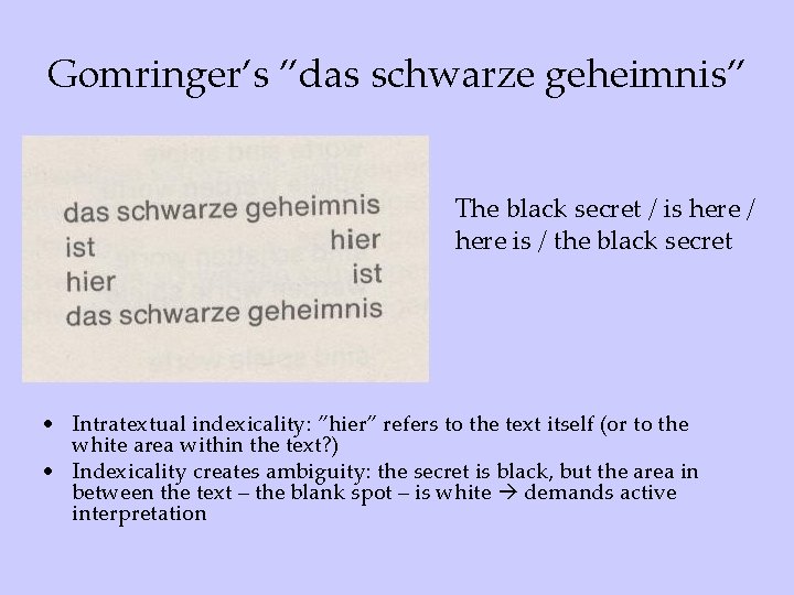 Gomringer’s ”das schwarze geheimnis” The black secret / is here / here is /