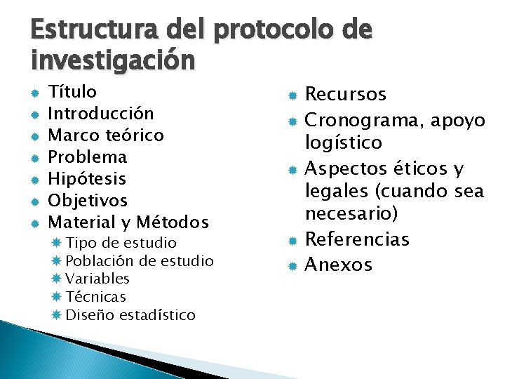 Estructura del protocolo de investigación Título Introducción Marco teórico Problema Hipótesis Objetivos Material y