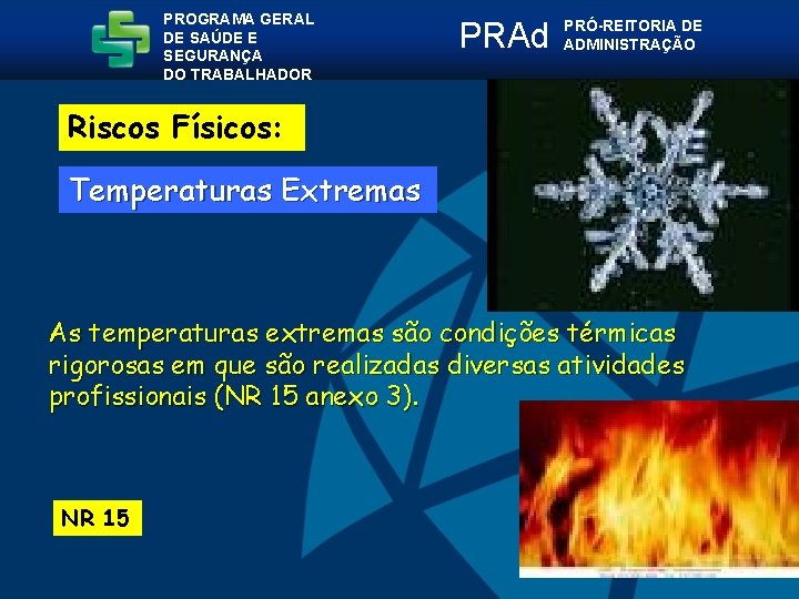 PROGRAMA GERAL DE SAÚDE E SEGURANÇA DO TRABALHADOR PRAd PRÓ-REITORIA DE ADMINISTRAÇÃO Riscos Físicos: