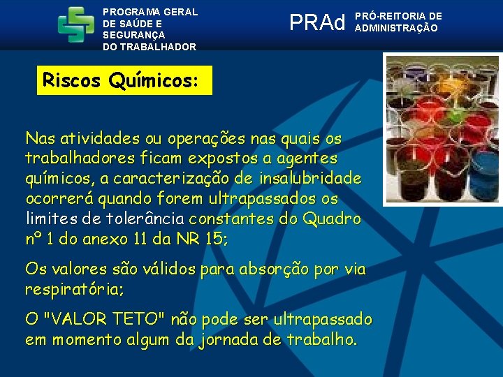 PROGRAMA GERAL DE SAÚDE E SEGURANÇA DO TRABALHADOR PRAd PRÓ-REITORIA DE ADMINISTRAÇÃO Riscos Químicos: