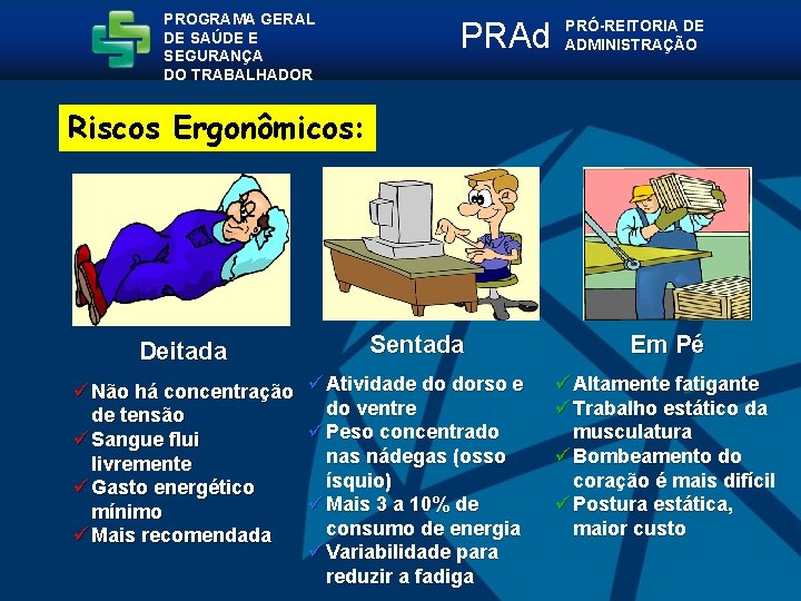 PROGRAMA GERAL DE SAÚDE E SEGURANÇA DO TRABALHADOR PRAd PRÓ-REITORIA DE ADMINISTRAÇÃO Riscos Ergonômicos: