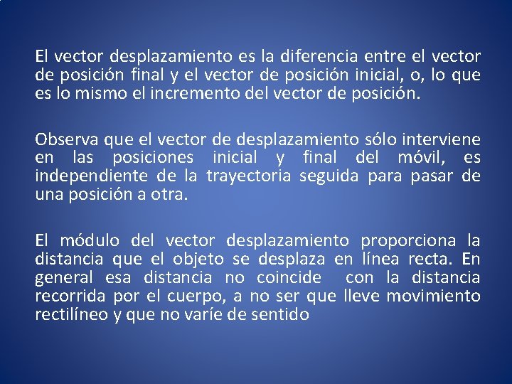 El vector desplazamiento es la diferencia entre el vector de posición final y el