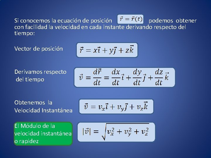 Si conocemos la ecuación de posición podemos obtener con facilidad la velocidad en cada