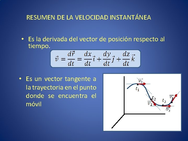 RESUMEN DE LA VELOCIDAD INSTANTÁNEA • Es la derivada del vector de posición respecto