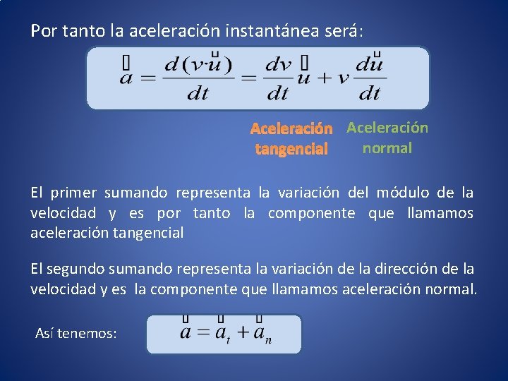 Por tanto la aceleración instantánea será: Aceleración normal tangencial El primer sumando representa la