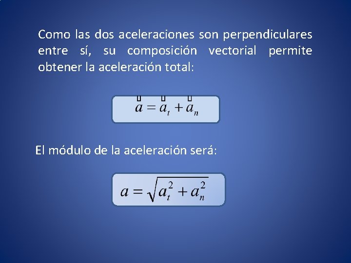 Como las dos aceleraciones son perpendiculares entre sí, su composición vectorial permite obtener la