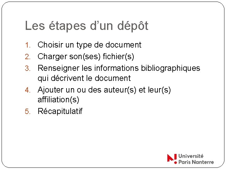 Les étapes d’un dépôt 1. Choisir un type de document 2. Charger son(ses) fichier(s)