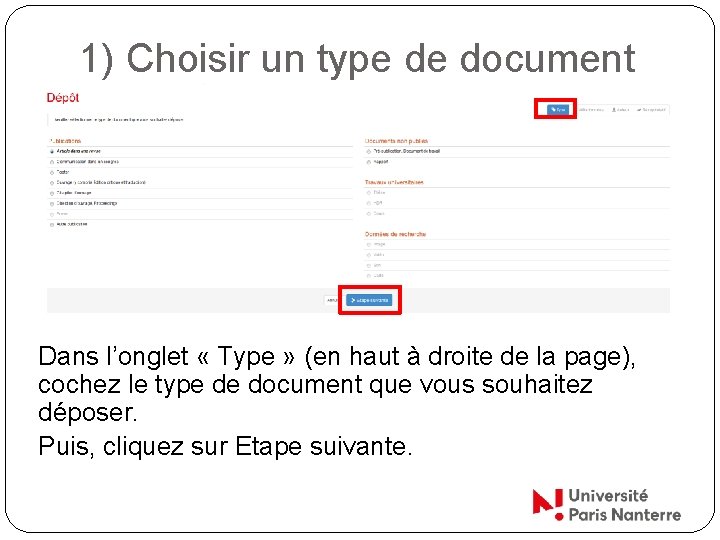 1) Choisir un type de document Dans l’onglet « Type » (en haut à