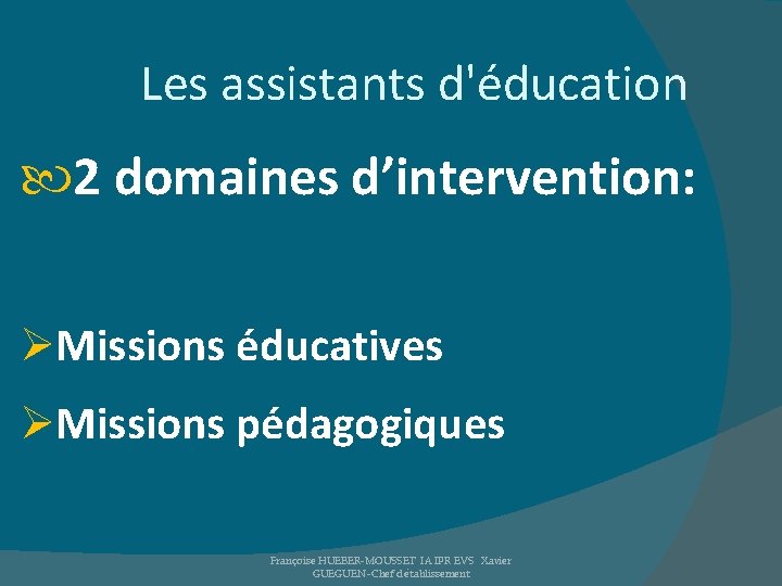 Les assistants d'éducation 2 domaines d’intervention: ØMissions éducatives ØMissions pédagogiques Françoise HUEBER-MOUSSET IA IPR