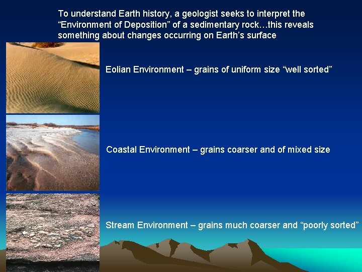 To understand Earth history, a geologist seeks to interpret the “Environment of Deposition” of