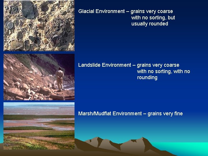 Glacial Environment – grains very coarse with no sorting, but usually rounded Landslide Environment