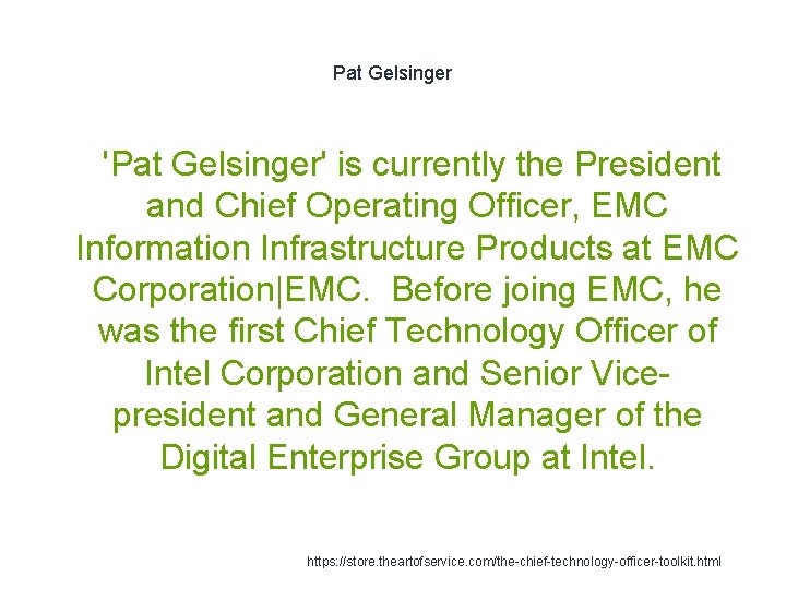 Pat Gelsinger 1 'Pat Gelsinger' is currently the President and Chief Operating Officer, EMC