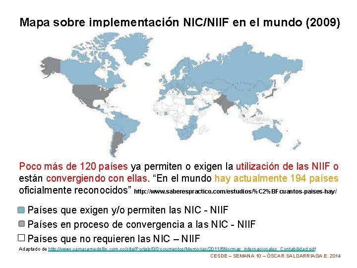 Mapa sobre implementación NIC/NIIF en el mundo (2009) Poco más de 120 países ya