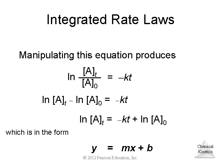 Integrated Rate Laws Manipulating this equation produces [A]t ln = kt [A]0 ln [A]t