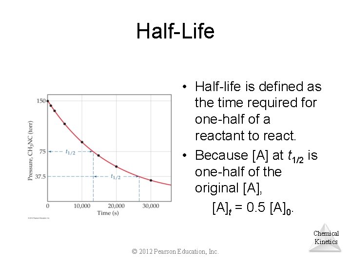 Half-Life • Half-life is defined as the time required for one-half of a reactant