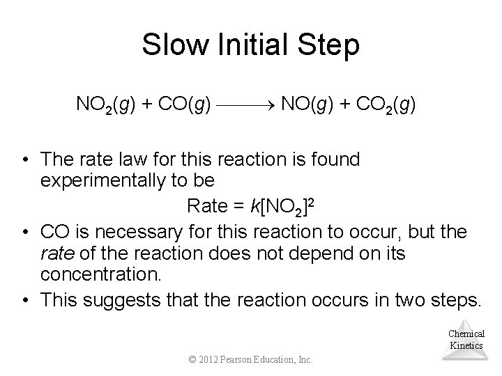 Slow Initial Step NO 2(g) + CO(g) NO(g) + CO 2(g) • The rate