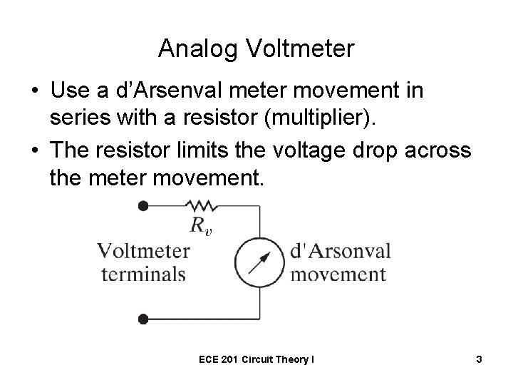 Analog Voltmeter • Use a d’Arsenval meter movement in series with a resistor (multiplier).