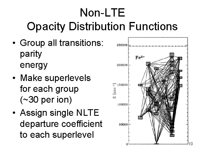 Non-LTE Opacity Distribution Functions • Group all transitions: parity energy • Make superlevels for