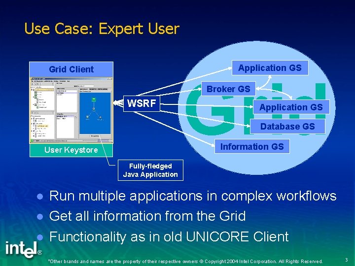 Use Case: Expert User Application GS Grid Client Grid Broker GS WSRF Application GS