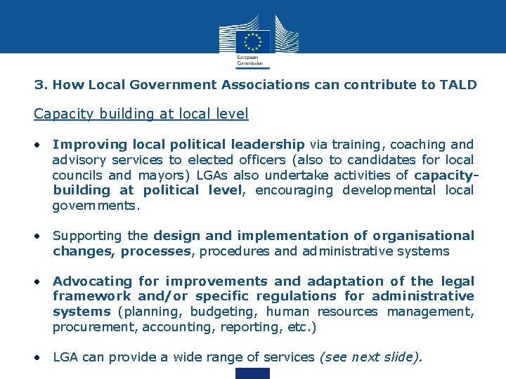 3. How Local Government Associations can contribute to TALD Capacity building at local level 3. How Local Government Associations can contribute to TALD Capacity building at local level