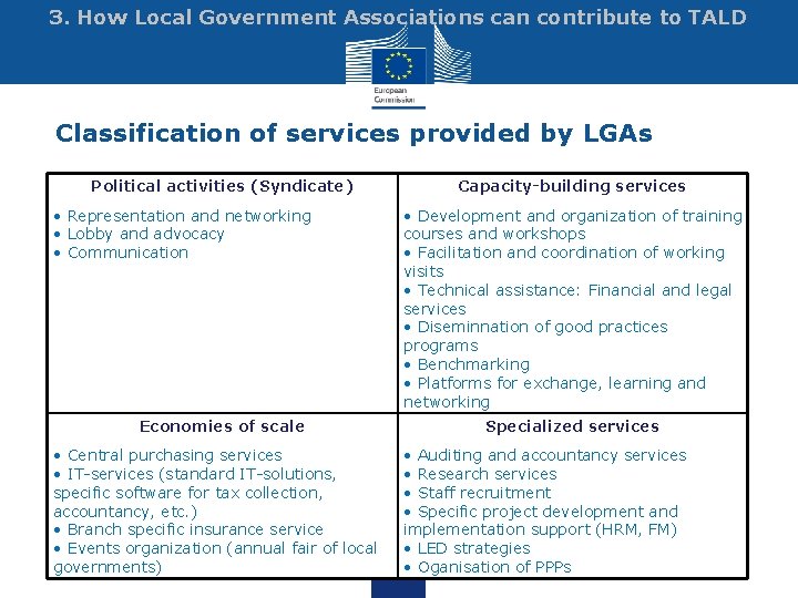3. How Local Government Associations can contribute to TALD Classification of services provided by 3. How Local Government Associations can contribute to TALD Classification of services provided by