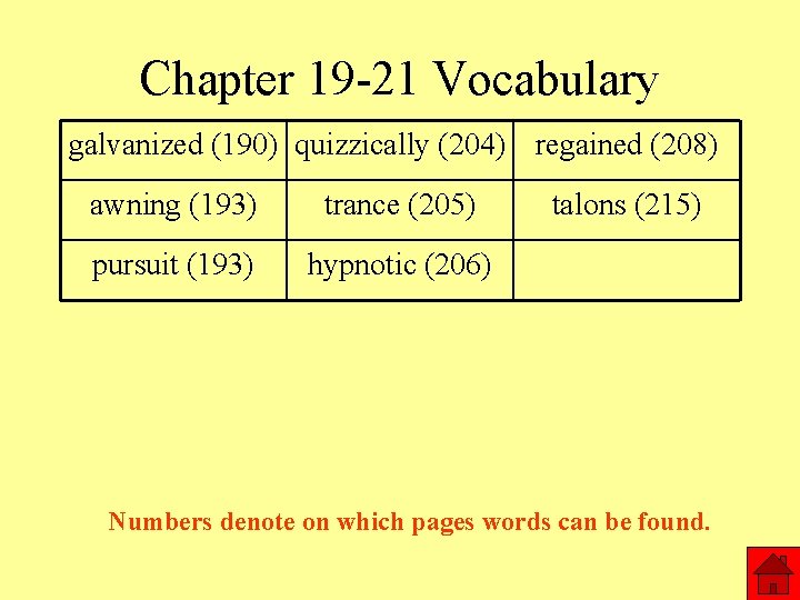 Chapter 19 -21 Vocabulary galvanized (190) quizzically (204) regained (208) awning (193) trance (205)