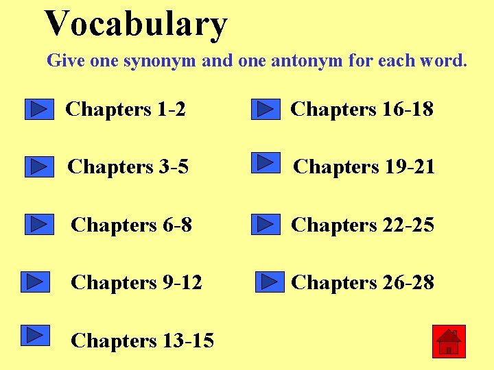 Vocabulary Give one synonym and one antonym for each word. Chapters 1 -2 Chapters