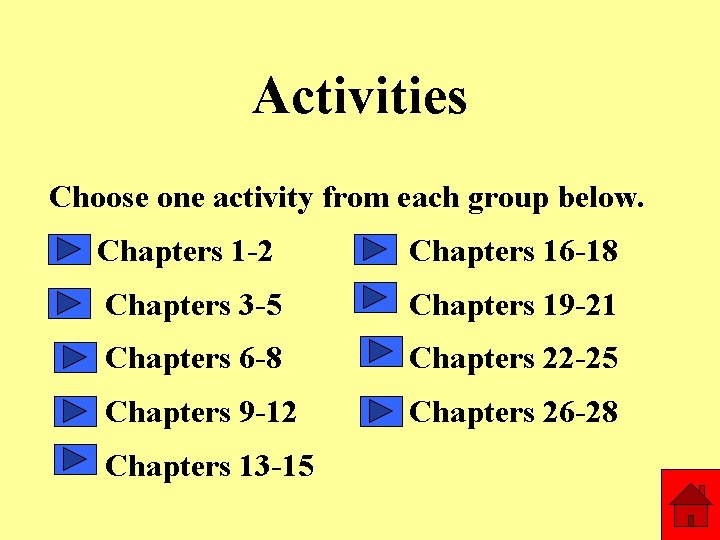 Activities Choose one activity from each group below. Chapters 1 -2 Chapters 16 -18
