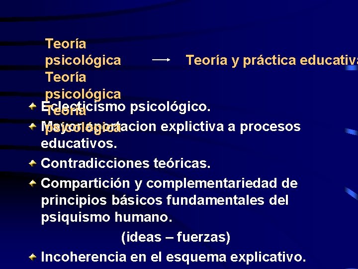 Teoría y práctica educativa psicológica Teoría psicológica Eclecticismo psicológico. Teoría Mayor aportacion explictiva a