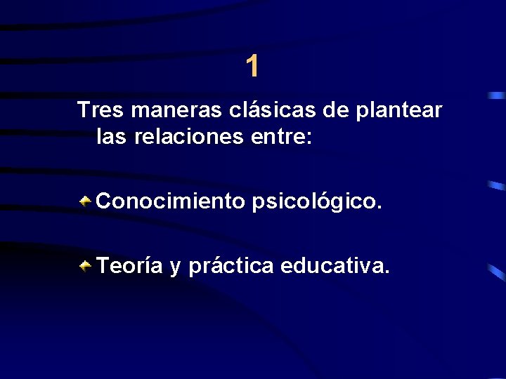 1 Tres maneras clásicas de plantear las relaciones entre: Conocimiento psicológico. Teoría y práctica