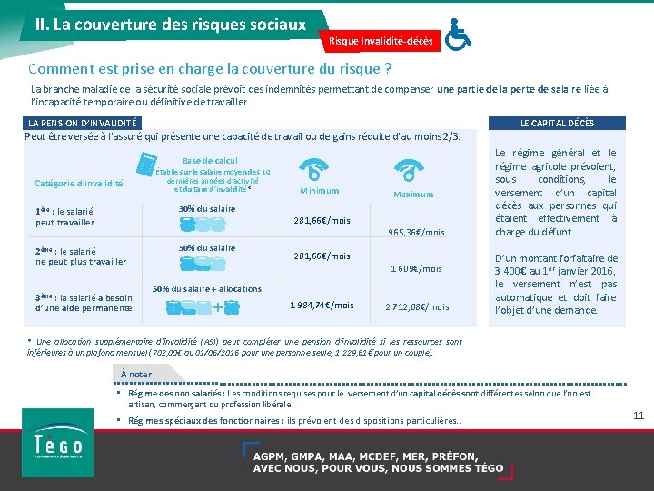 II. La couverture des risques sociaux Risque Invalidité-décès Comment est prise en charge la