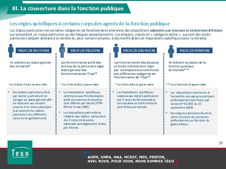 III. La couverture dans la fonction publique Les règles spécifiques à certains corps des