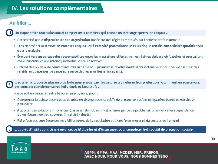 IV. Les solutions complémentaires Au bilan… 1 Un dispositif de protection social complet mais