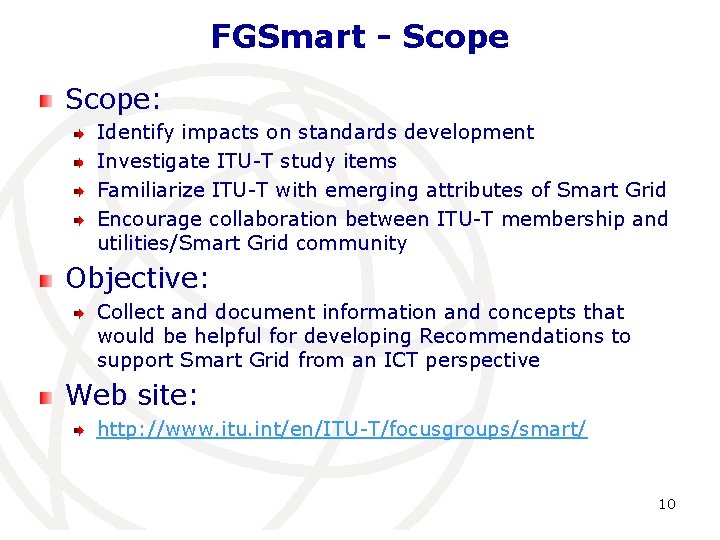 FGSmart - Scope: Identify impacts on standards development Investigate ITU-T study items Familiarize ITU-T