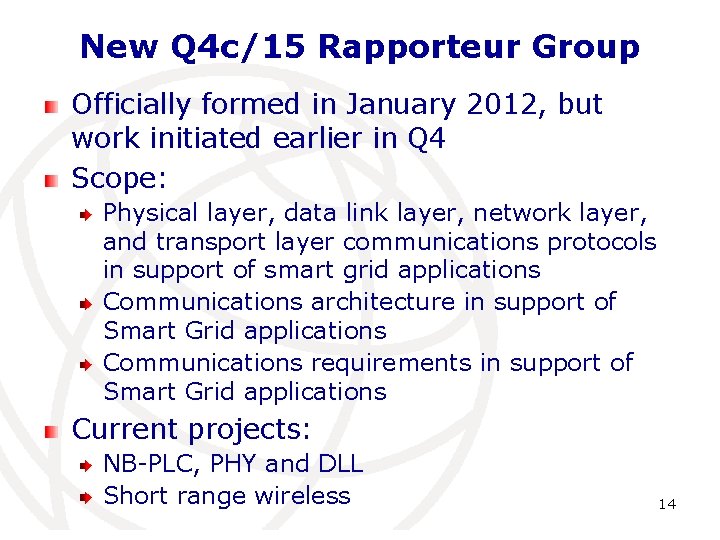 New Q 4 c/15 Rapporteur Group Officially formed in January 2012, but work initiated