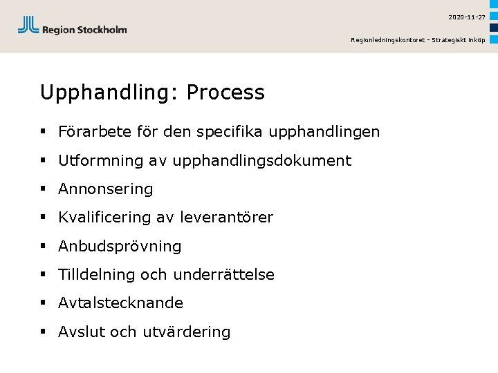 2020 -11 -27 Regionledningskontoret - Strategiskt inköp Upphandling: Process § Förarbete för den specifika