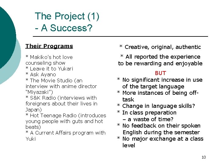 The Project (1) - A Success? Their Programs * Creative, original, authentic * Makiko’s