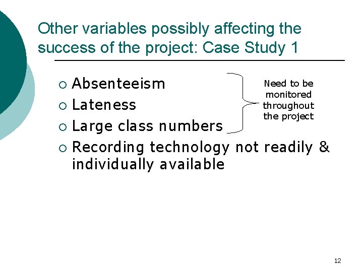 Other variables possibly affecting the success of the project: Case Study 1 Need to