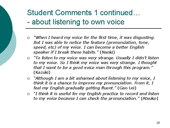 Student Comments 1 continued… - about listening to own voice ¡ ¡ “When I