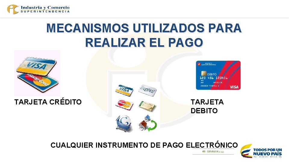 MECANISMOS UTILIZADOS PARA REALIZAR EL PAGO TARJETA CRÉDITO TARJETA DEBITO CUALQUIER INSTRUMENTO DE PAGO