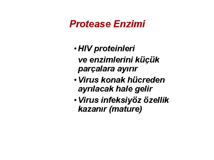 Protease Enzimi • HIV proteinleri ve enzimlerini küçük parçalara ayırır • Virus konak hücreden