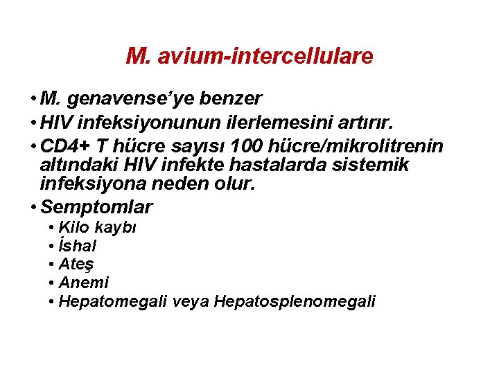 M. avium-intercellulare • M. genavense’ye benzer • HIV infeksiyonunun ilerlemesini artırır. • CD 4+