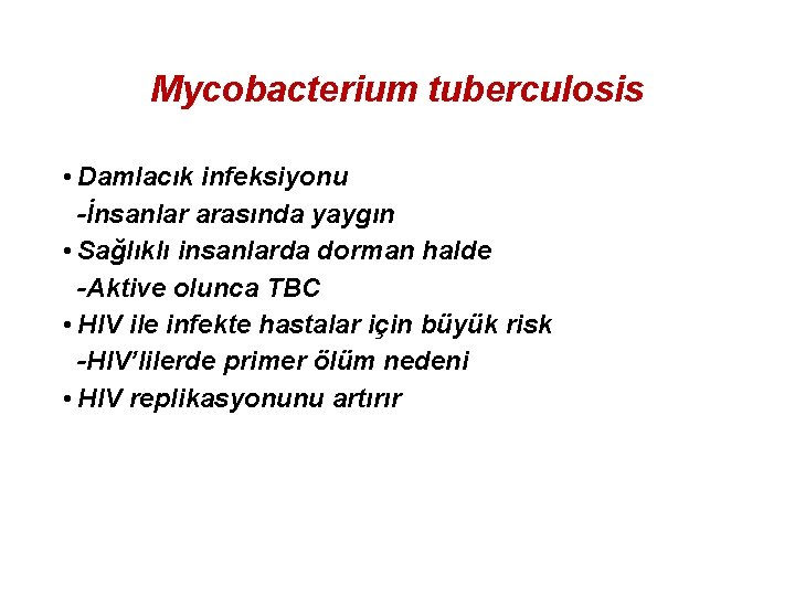 Mycobacterium tuberculosis • Damlacık infeksiyonu -İnsanlar arasında yaygın • Sağlıklı insanlarda dorman halde -Aktive