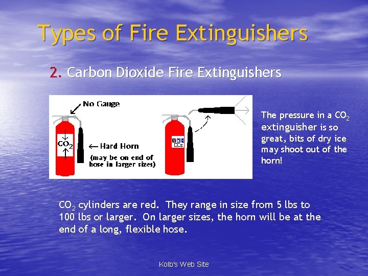 Types of Fire Extinguishers 2. Carbon Dioxide Fire Extinguishers The pressure in a CO