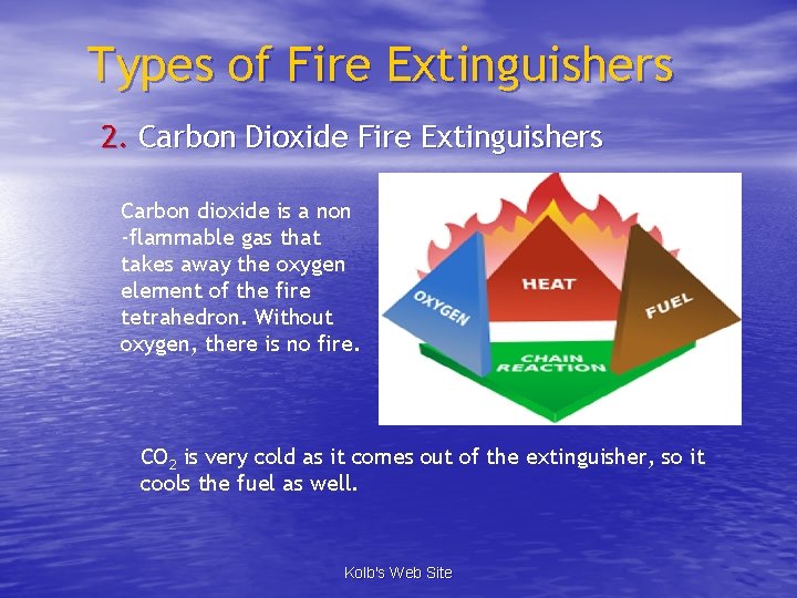 Types of Fire Extinguishers 2. Carbon Dioxide Fire Extinguishers Carbon dioxide is a non