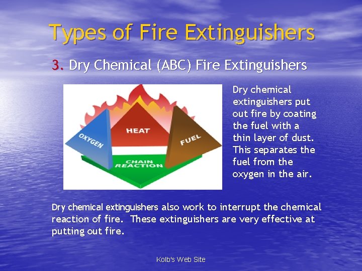 Types of Fire Extinguishers 3. Dry Chemical (ABC) Fire Extinguishers Dry chemical extinguishers put