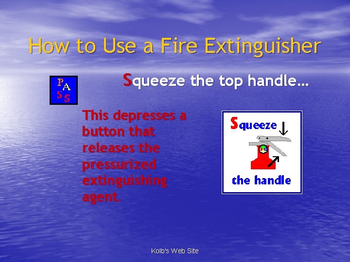 How to Use a Fire Extinguisher Squeeze the top handle… This depresses a button