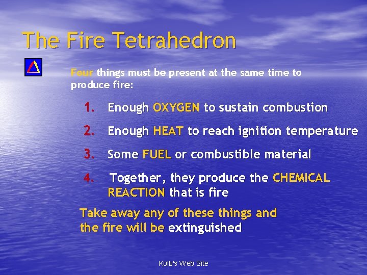 The Fire Tetrahedron Four things must be present at the same time to produce