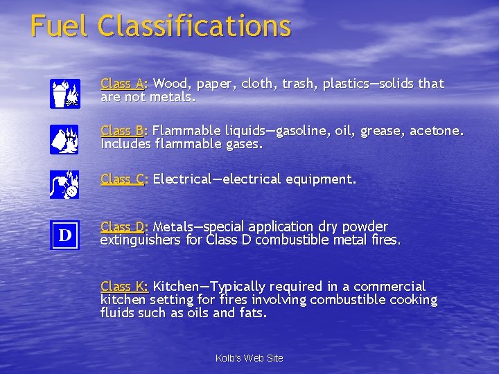 Fuel Classifications Class A: Wood, paper, cloth, trash, plastics—solids that are not metals. Class