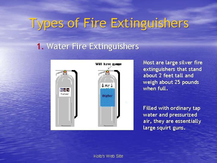 Types of Fire Extinguishers 1. Water Fire Extinguishers Most are large silver fire extinguishers